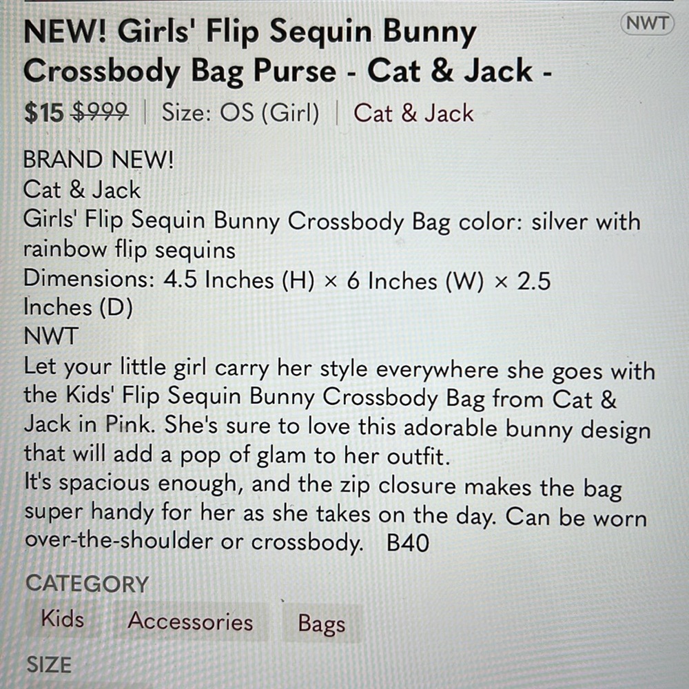 NWT Cat & Jack Girls’ Flip Sequin Bunny Crossbody Bag Purse - Picture 4 of 4
